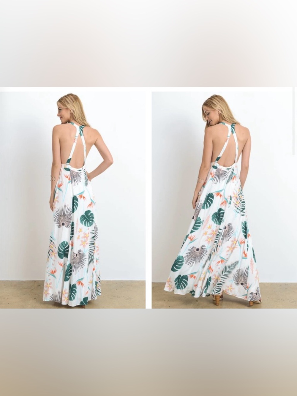 HOMMAGE Los Angeles Tropical Print Flowy Maxi Dress Open Back, Slit Front, M/L - Picture 3 of 9